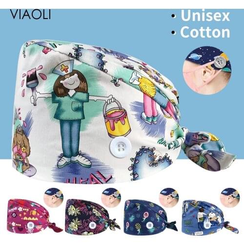 Viaoli wholesale Unisex cotton Cartoon print hats adjustable Scrub hat beauty salon working cap laboratory pet shop Scrub Cap