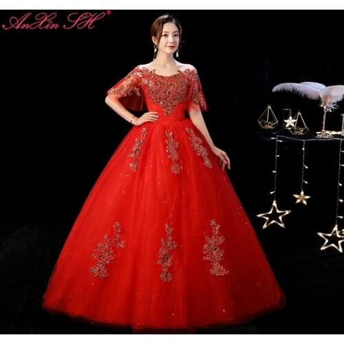 AXJFU princess red lace flower wedding dress vintage boat neck golden red lace sparkly ruffles ball gown red wedding dress