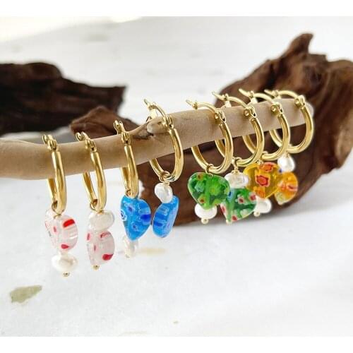 Vintage Summer Glass Glazed Flower Love Heart Shaped Gold Plated Pearl Hoop Earring for Women Girl Travel Party Jewelry Gift