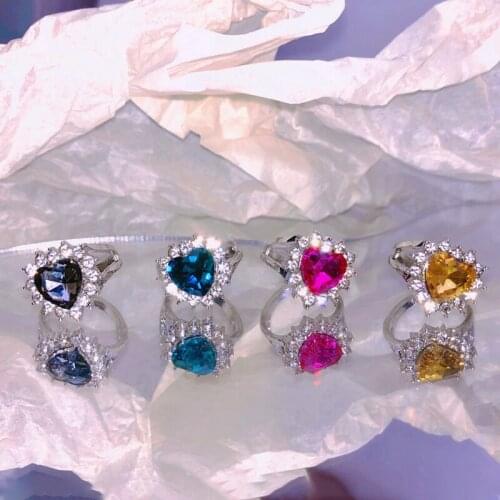 Y2K Jewelry Pink Heart Rings For Women Metal Candy Color Fashion Vintage Shiny Crystal Rings Charms 90s Aesthetic Gift Wholesale