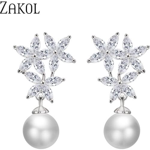 ZAKOL Fashion White Color CZ Crystal & Simulated Pearl Drop Earrings For Women Brides AAA Zirconia Flowers Jewelry FSEP2386