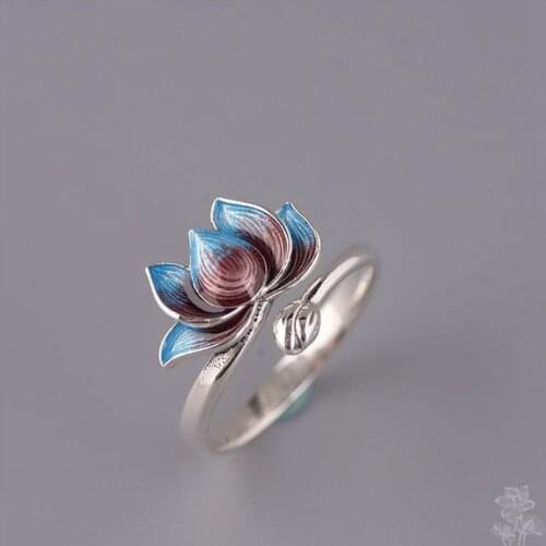 Vintage Lotus Open Rings for Women Accessories Statement Jewelry Anniversary Gift Silver Color Fashion Dripping oil Flower Rings