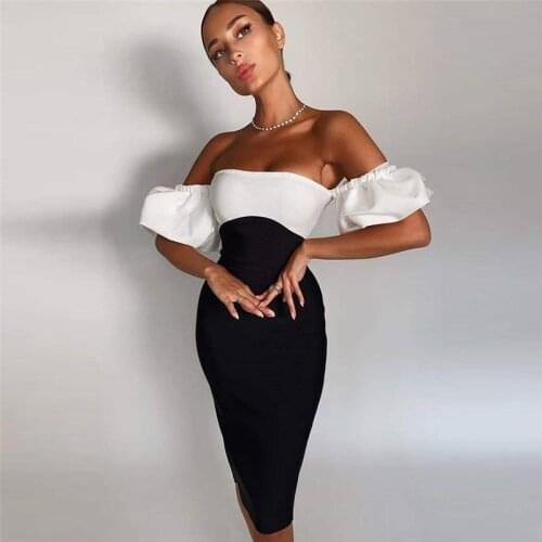 Summer Puff Sleeve Patchwork Dress 2021 Off Shoulder Strapless Bodycon Women Bandage Vestidos Celebrity Party Ladies Outfits