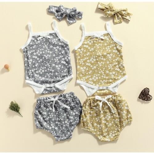 0-18M 3pcs Baby Girls Clothes Sets Flowers Printed Sleeveless Romper Tops Shorts Headband 2 Colors