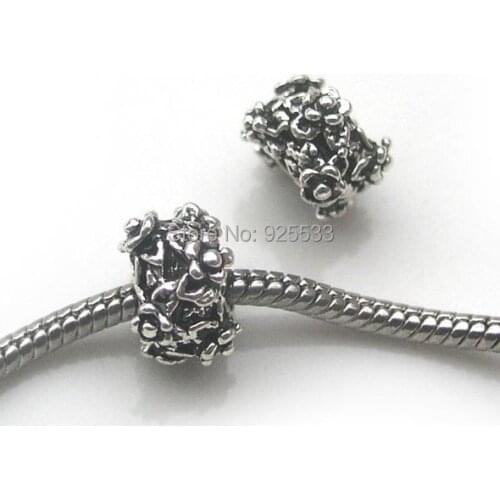 Free Shipping 50pcs 12.5x8mm antique silver plated color alloy flower design big hole beads fit European bracelet necklace DIY