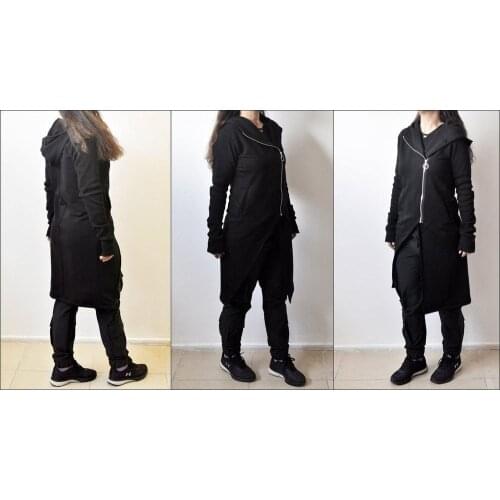 Women Asymmetrical Gothic Front Hig Low Longline // Steampunk Zip Closure // Rib Sleeve Hoodie Cotton Fleece Long Sleeves Sweats