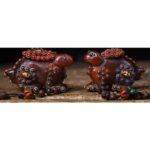 Home Decor 3"Tibet temple Old Natural agate Filigree mosaic Gem Dzi Bead Rabbit statue A pair Pendant Amulet Town House Exorcism