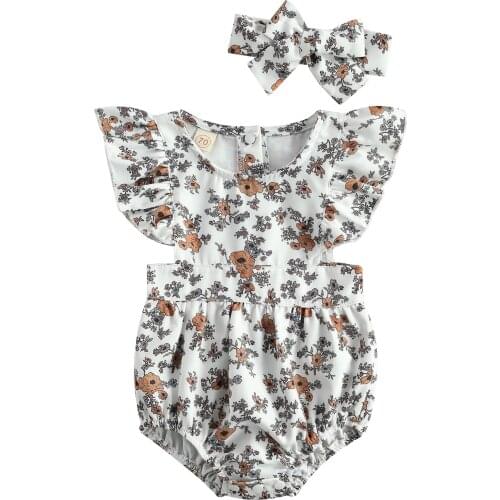Summer Newborn Baby Girl Floral Outfits Toddlers Ruffles Fly Sleeve Round Neck Bodysuit+Bowknot Headband 2Pcs Baby Sets