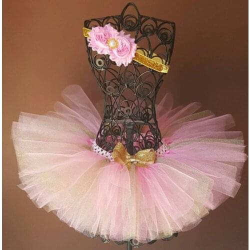 Cute Baby Pink Sparkling Tutu Skirts Girls Crochet Tulle Ballet Dance Pettiskirts with Flower Headband Kids Birthday Party Skirt