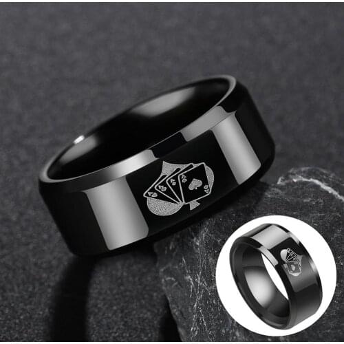 Playing Cards Black Spade A Hearts Print Pattern Mens Jewelry Alloy Band Ring