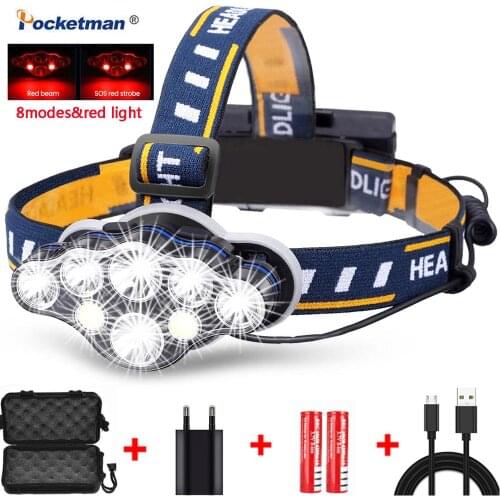 Pocketman Headlamp 8 LED Headlight 60000LM 8 modes Waterproof LED Head Flashlight Lantern With Red Light For Outdoor Camping