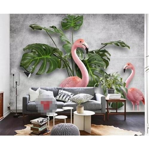 Beibehang Wallpaper mural fresh banana turtle back leaf flamingo cement brick wall bedroom living room background 3d wallpaper