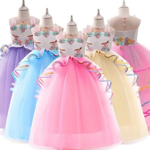 Girls Dress Unicorn Costume Fancy Up Christmas Princess Cosplay Costumes Kids Rainbow 3D Flower Birthday Wedding Party Dresses
