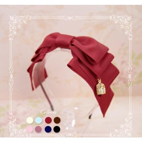 Miss Canary Handmade Pearl Bird Cage Pendant Rib Ribbon Hairband KC Lolita Sweet Headband Headwear 10 Colors