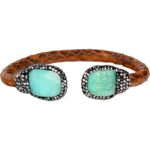 Luxury Brown Leather Natural Blue Tender Green Semi Precious Stone End Bead Charm Adjustable Open Cuff Bangle Bracelet For Women