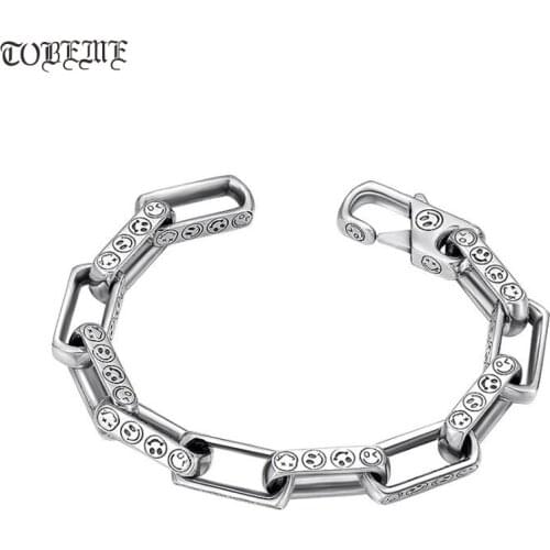 Handmade 100% 925 Silver Happy-Face Bracelet Thai Silver Smiling-face Chain Bracelet Good Luck Bracelet Lovers Jewelry