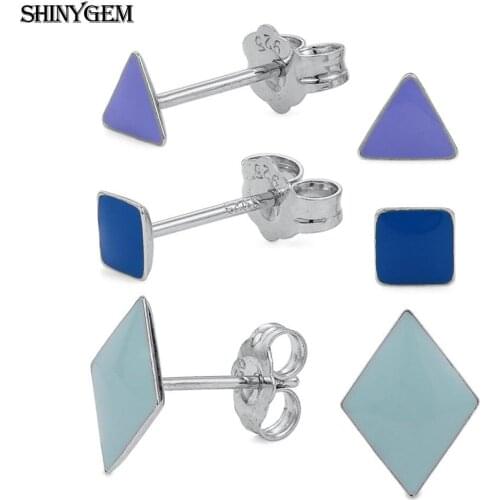 Trendy Cute Delicate Square / A Diamond / Triangle Stud Earrings For Women Girl Beautiful 925 Silver Jewelry Gift