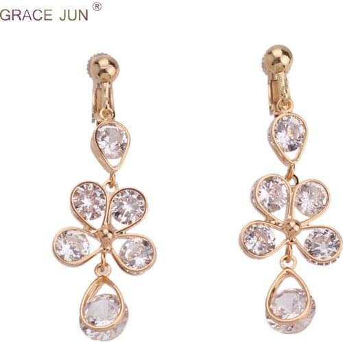 GRACE JUN Copper Material Cubic Zircon Long Style 6 Waterdrop Clip on Earrings No Pierced for Women Party Charm Pierced Earrings