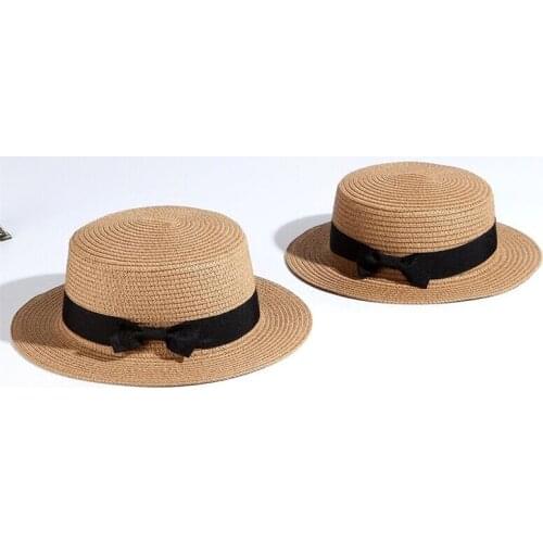 Summer Parent-child Beach Hat Female Casual Panama Hat Lady Brand Women Flat brim Bowknot Straw cap girls Sun Hat