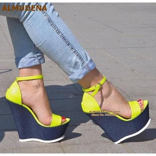 ALMUDENA Blue Denim Wedged Heel Platform Sandals Sexy Neon Yellow Buckle Strap Banquet Shoes Luxury Open Toe Dress Pumps US14
