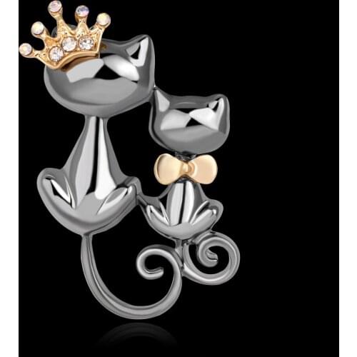 Vintage Metal Crystal Couple Cat Brooch Pin Women Mom Daughter Cat Pins Double Animal Sweater Brooch Badges Jewelry Accessories