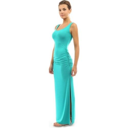 Wendywu New Hot Sale Women Brief O-Neck Sleeveless Solid Sky Blue Side Split Bodycon Long Dress