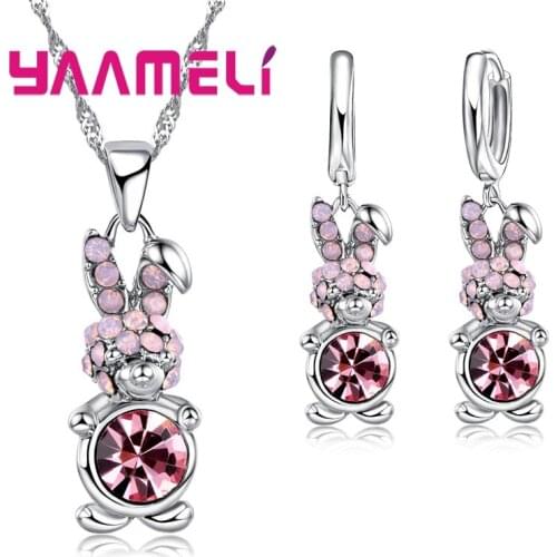 Unique Pink Rabbit Pendant Necklace Earrings Sets 925 Sterling Silver Jewelry Sets for Women Wedding Engagement Party