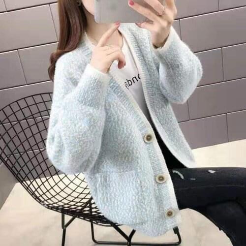 2021 Women Autumn Winter Fashion Loose Knitted Jumpers Female V-neck Cardigan Jackets Ladies Mink Velvet Sweater Coats Y446