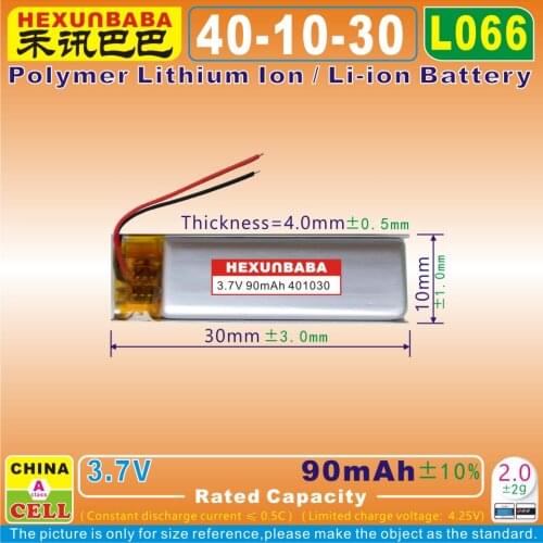 5pcs [L066] 3.7V 90mAh [401030] Polymer lithium ion / Li-ion battery for smart watch,mp3,mp4,MP5;BLUETOOTH earphone,speaker,GPS