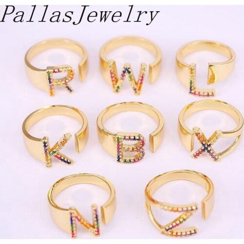 10Pcs New Trendy Gold Filled Rainbow /Clear Zircon Pave Intitial Letter Elegant Ring Wedding parry Rings Open Adjusable Jewelry