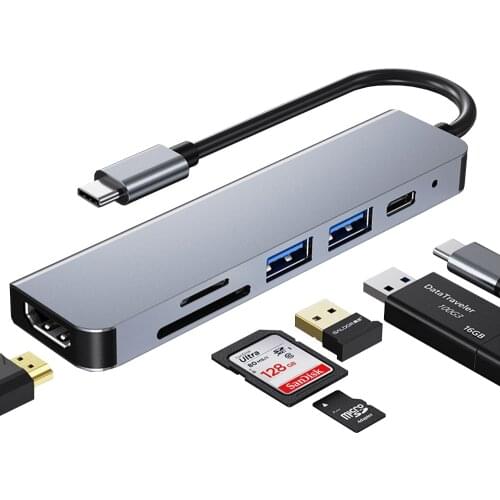 4K HD USB HUB C HUB HDMI Adapter 6 in 1 Multiport Type c Hub To HDMI-Suit Adapter Type C to USB 3.0 SD TF Card Reader Adapter