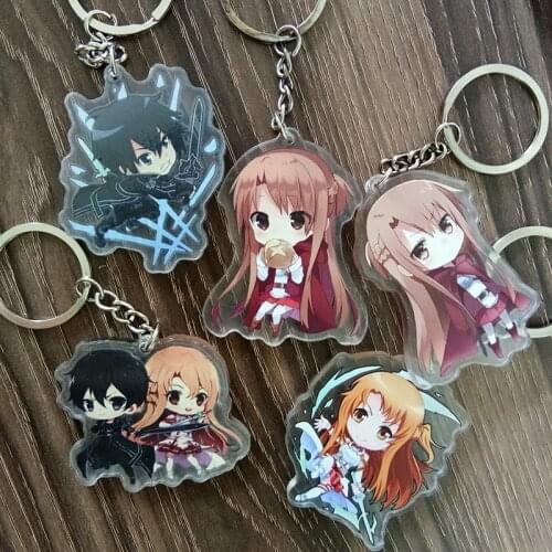 5pcs/set Anime Keychain Sword Art Online Pendants Silica Shino Kirito Asuna Doublesdie Print SAO Cartoon Characters Keychain