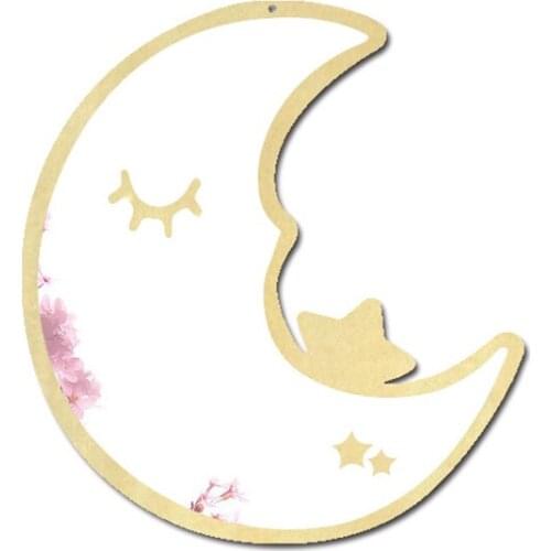 Wood Framed Acrylic Decorative Moon Mirror Wall Hanging Aesthetic Mirror Decoration for Living Room Bathroom Bedroom