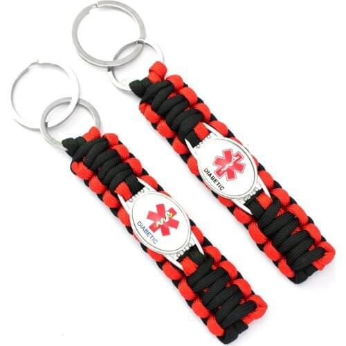 Diabetes Diabetic Type 1 2 Keychain Medical Alert 25*18mm Glass Cabochon Paracord Key Chain Keychain Women Men Jewelry Gift