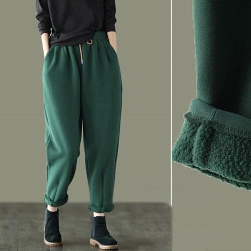 New Retro Knitted Cotton Womens Trousers Fall/Winter Plus Cashmere Casual Pants Elastic Waist Woman Thick Velvet Pants y434