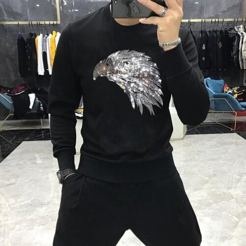 European Designer Mens Fashion Casual Hoodie Hot Drill Animal Head Warm Sweat Shirt Top