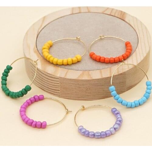 Go2Boho Multicolor Glass Beaded Ear Ring Gold Color Stainless Steel Round Hoops Earrings for Women Simple Earring Trendy Jewelry