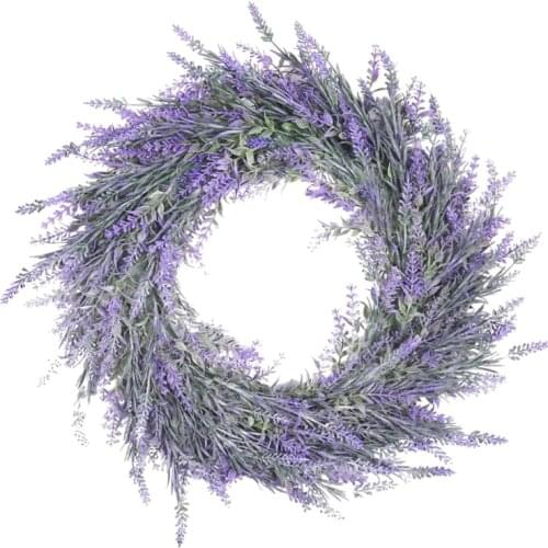 T84E 18" Artificial Lavender Wreath Fake Lavender Flower Wreath for Front Door Farmhouse Door Wreath Summer Hanging Wall Window