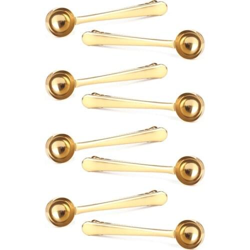 Coffee Scoop Clip - 8 PACK - Gold - Coffee Spoon Clip - Tea Scoop Bag Clip - Coffee Bag Clip Scooper