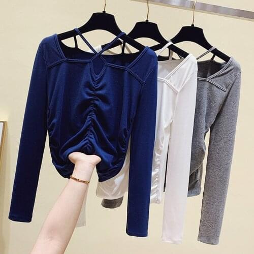 Korean Tops Womens Clothing 2021 Spring Solid Hollow Out Folds Tshirt Sexy Long Sleeve T-shirt Women White Blue Tee Shirt Femme