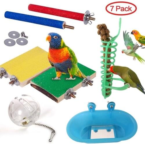 Lhxmas Parrot Chew Toys Bird Toy Parrot Toys Cage Accessories Scrub Springboard Matte Rod Foraging Ball Wheel Bath 7 Pieces Set