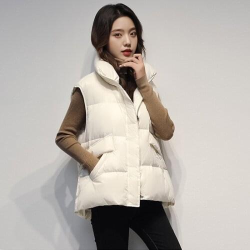 Trendy Autumn Winter Women 90% White Duck Down Vest Zipper Stand Collar Sleeveless Waistcoat Female Jacket Casual Down Gilet