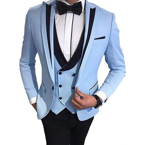 Brand New Men Suits Light Blue and Black Groom Tuxedos Peak Lapel Groomsmen 3 Pieces Set ( Jacket+Pants+Vest+Bow Tie ) D346