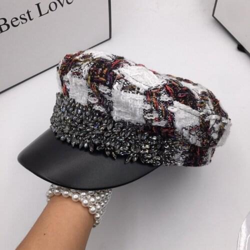 The spring and autumn summer new tweed knit navy cap for women with pearl face neap tide