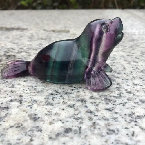 Natural stripel fluorite Animal Figurines Carved Gemstone crystal sea lion