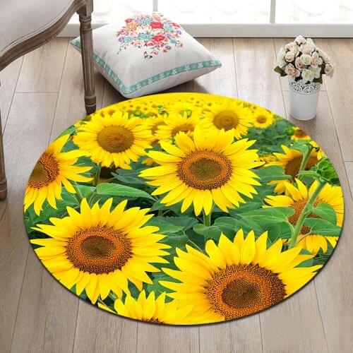Yellow Sunflower Green Leaves Non-Slip Round Carpet for Baby Kids Home Living Room Bedroom Cushion Area Rug Bathroom Floor Mat