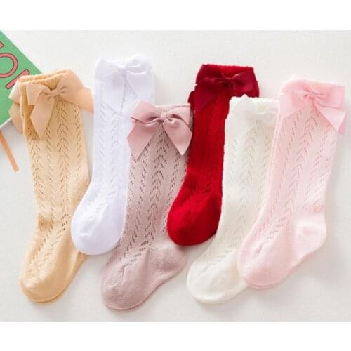 1 Pair 1-5 Years Old Baby Knee Socks Plain Weave Non-slip Pure Cotton Baby Girls Knee High Bow Socks for Gifts Photography Props