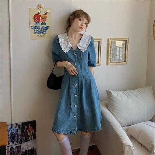 Dresses Women French Retro Lapel Denim Dress Summer Womens New Style Skirt Design Niche Mid-length Skirt