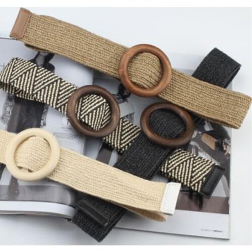 New Vintage Stripe Braided Round Wooden Buckle Belt Smooth Knit Straw Wide Waist Bands Female Belts for Women Dress Accessories