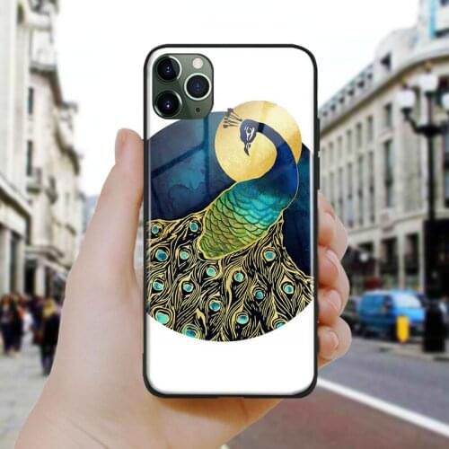 Nordic Abstract Golden Peacock Art Silicone Glass Phone Case Cover Shell For iPhone SE 6 6s 7 8 Plus X XR XS 11 12 Mini Pro Max